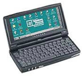 The picture shows a Hewlett Packard Jornada running Windows CE 2.2 HPC (Handheld Personal Computers). It is a mini computer on which software can be downloaded and used.