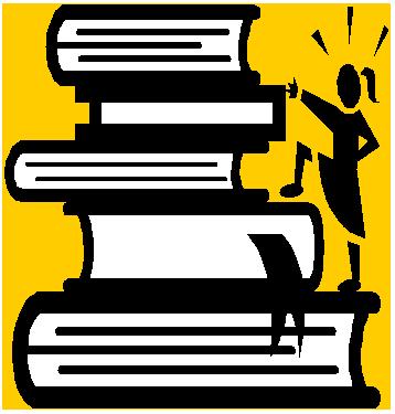 A large stack of black and white books with the shadow of a little girl climbing to the top.  The picture is set within a golden
yellow background.