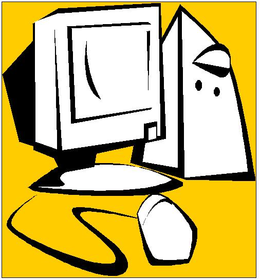 A black and white computer with a computer screen and
mouse.  The picture is set within a golden yellow background.